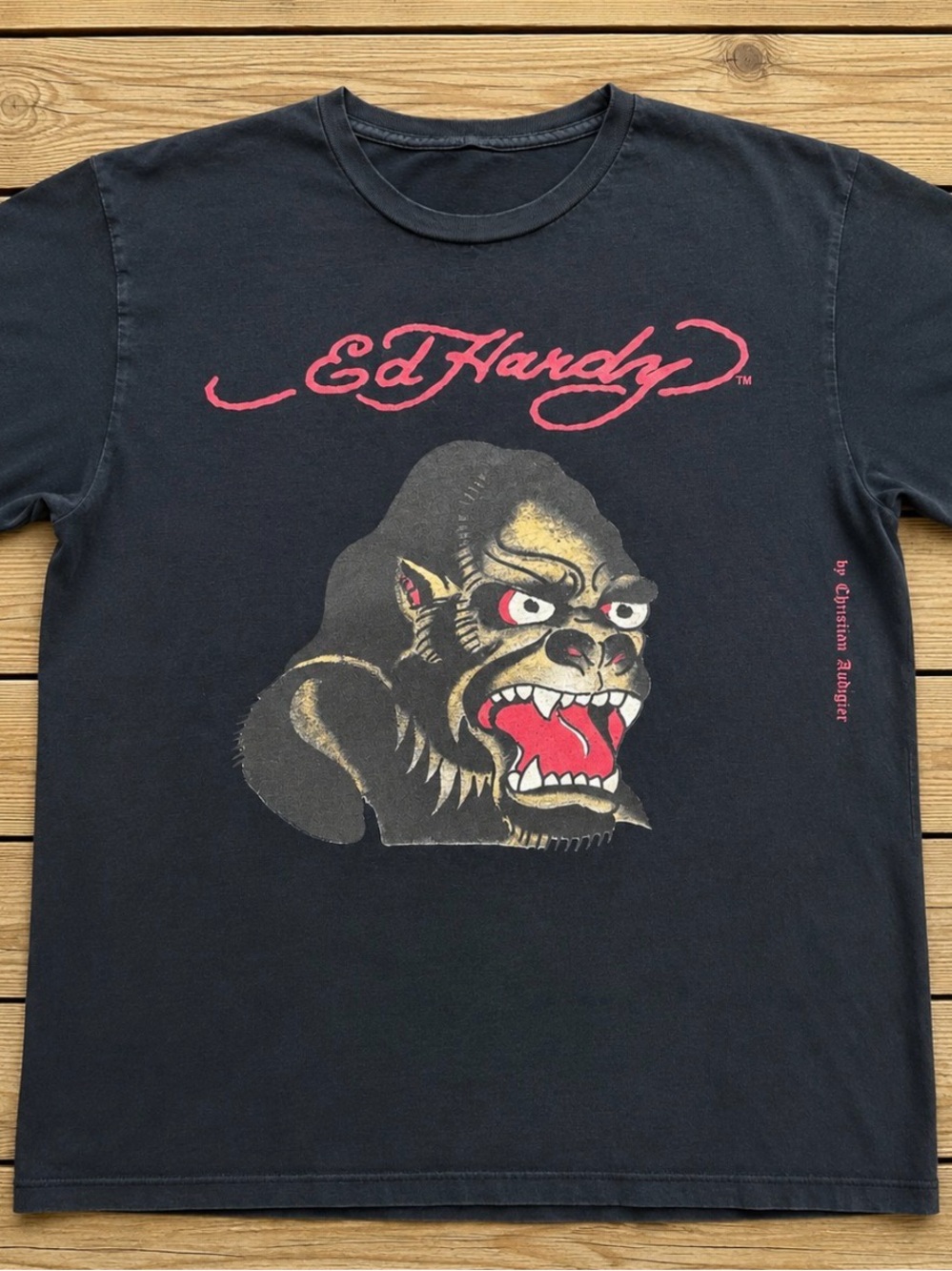 Ed Hardy Black Short Sleeve Tee with Red Logo and Ape Graphic